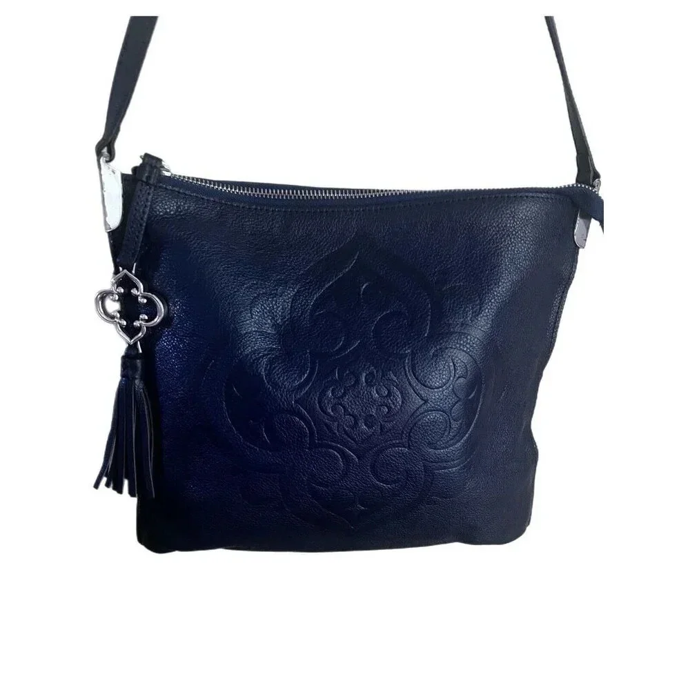 BRIGHTON - Slim, blue flowers embossed leather shoulder bag, expandable E952423
